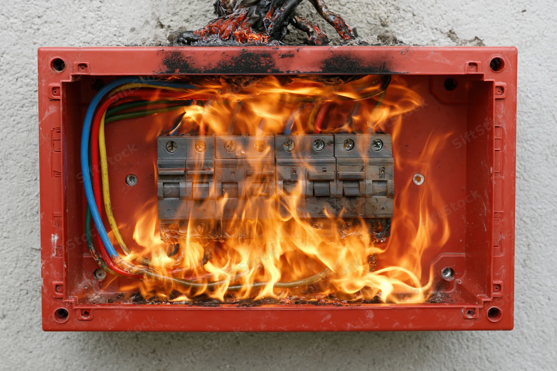 Burning electrical fuse box with flames and melted wires mounted on concrete wall
