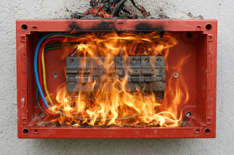 Burning electrical fuse box with flames and melted wires mounted on concrete wall