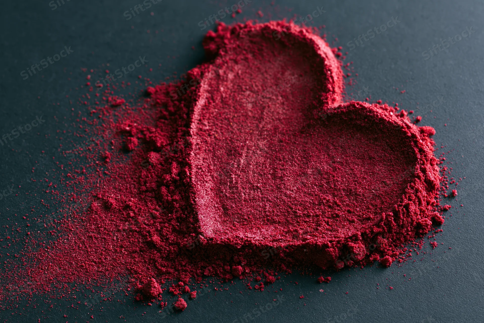 Red powder arranged in heart shape on dark surface
