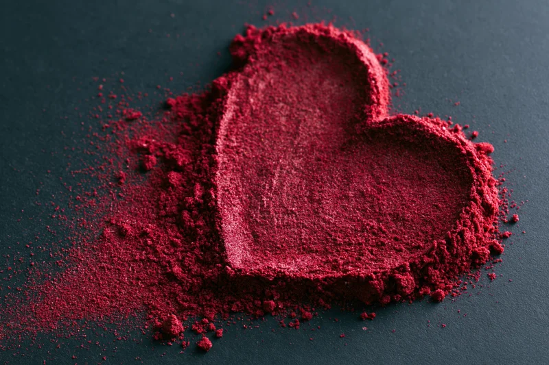 Red powder arranged in heart shape on dark surface