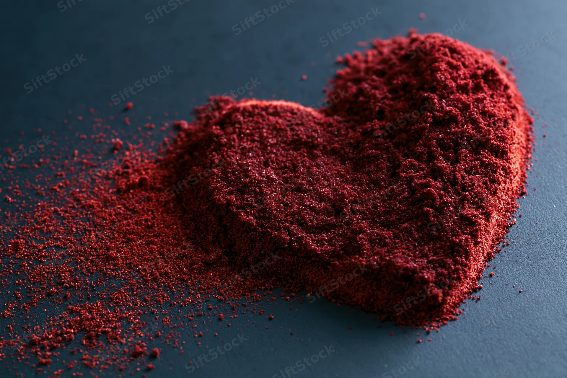 Red spice powder arranged in heart shape on dark surface