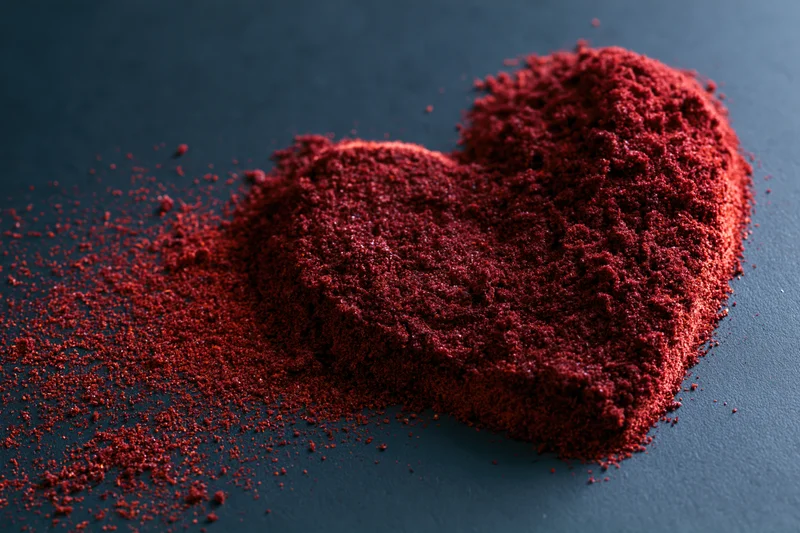 Red spice powder arranged in heart shape on dark surface