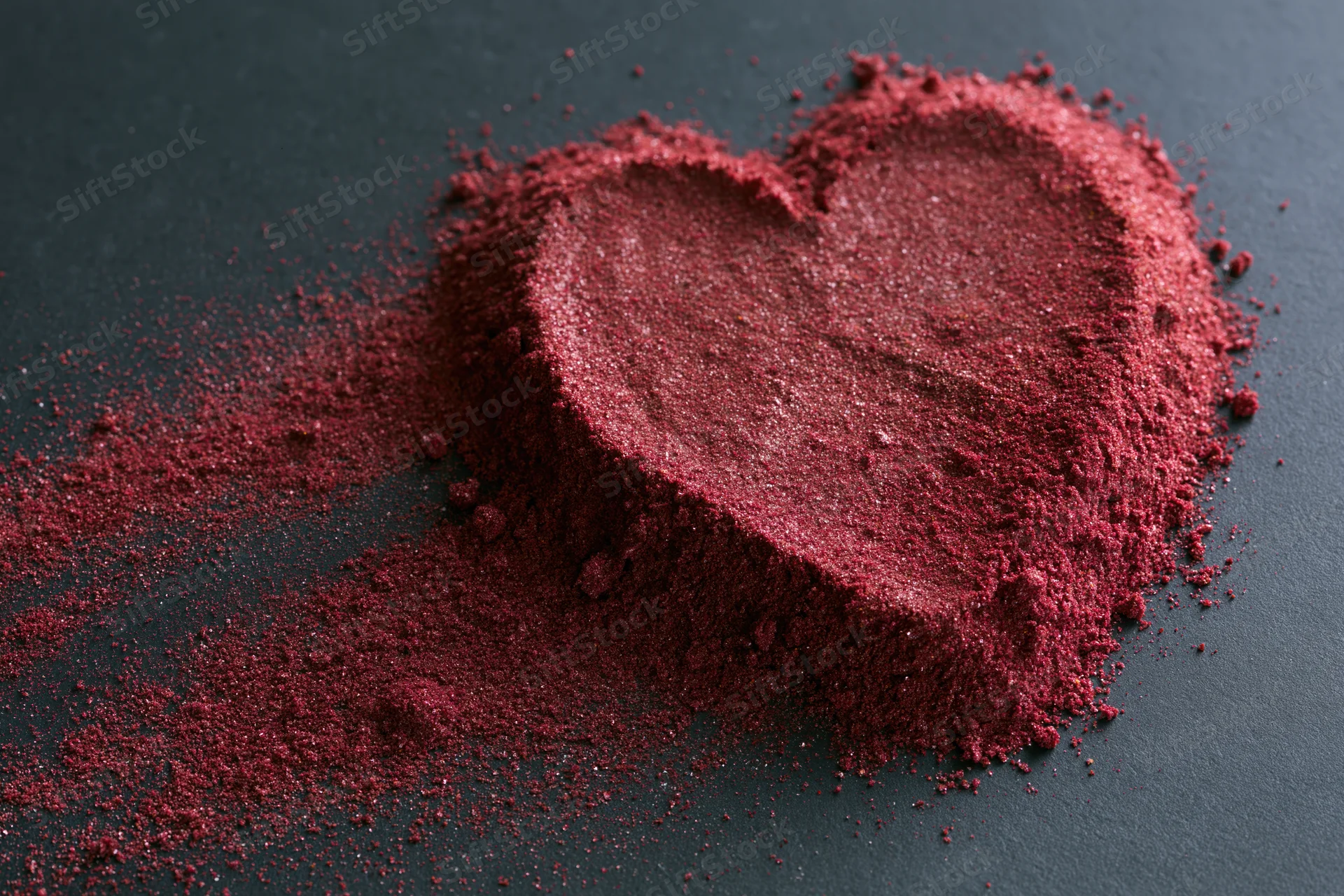 Red powder arranged in heart shape on dark surface