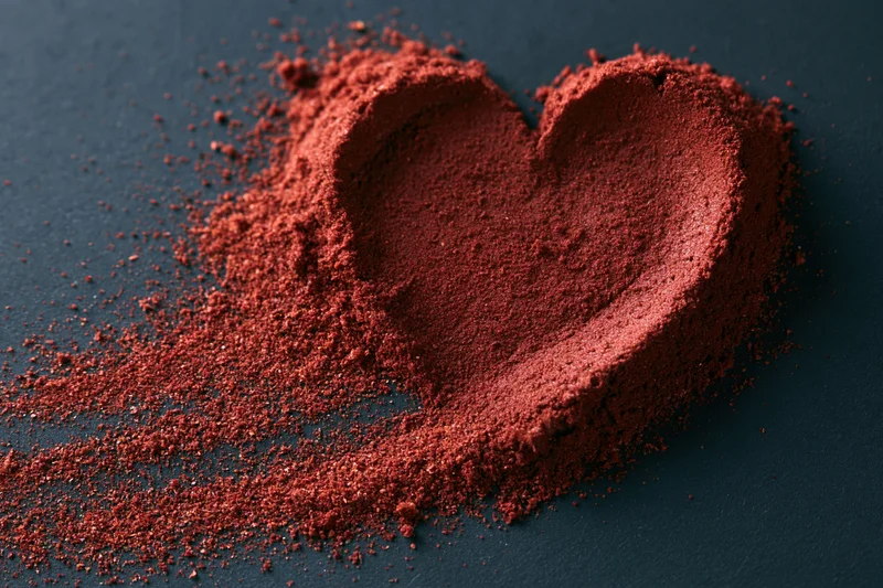 Red powder shaped into a heart on a dark surface