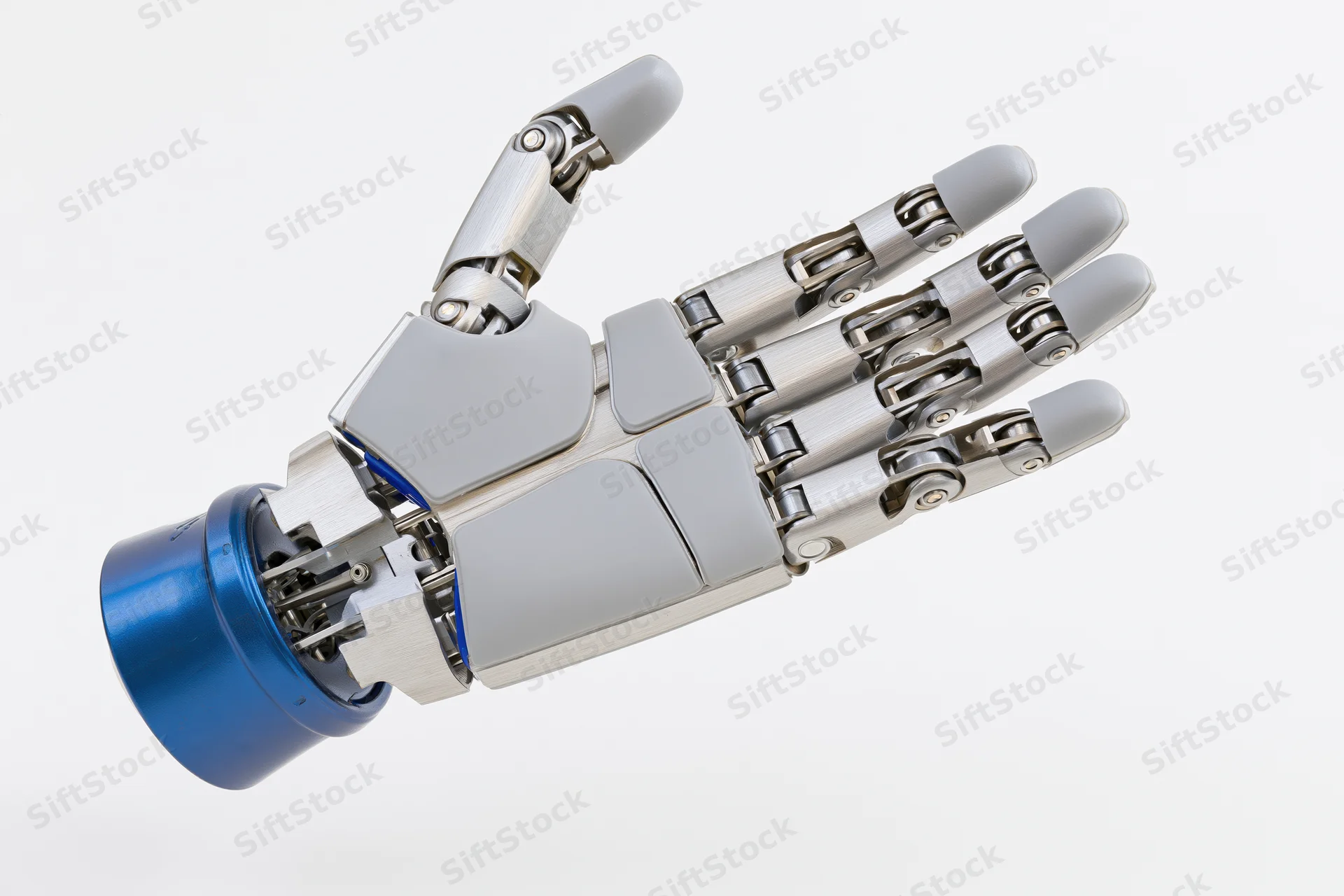 Robotic prosthetic hand with open palm facing forward isolated on white background
