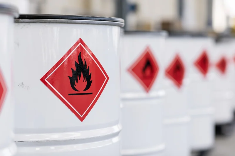 Row of white industrial drums with flammable hazard symbols in a warehouse