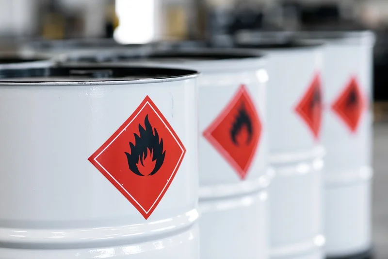 Row of white industrial drums with red flammable hazard symbols in a warehouse
