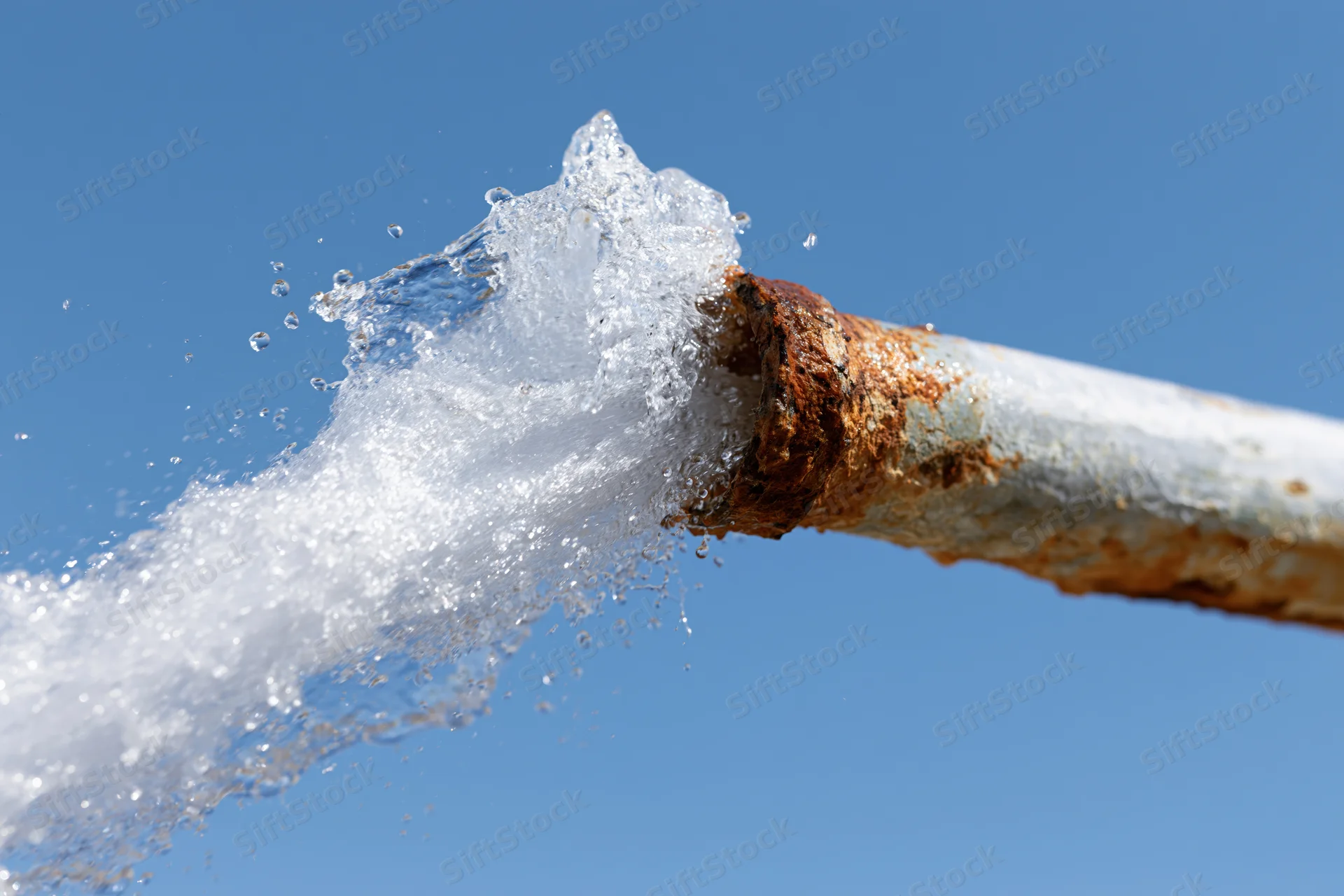 Rusty metal pipe bursting with high-pressure water spray against blue sky
