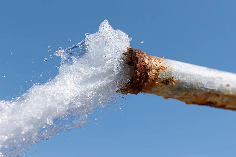 Rusty metal pipe bursting with high-pressure water spray against blue sky