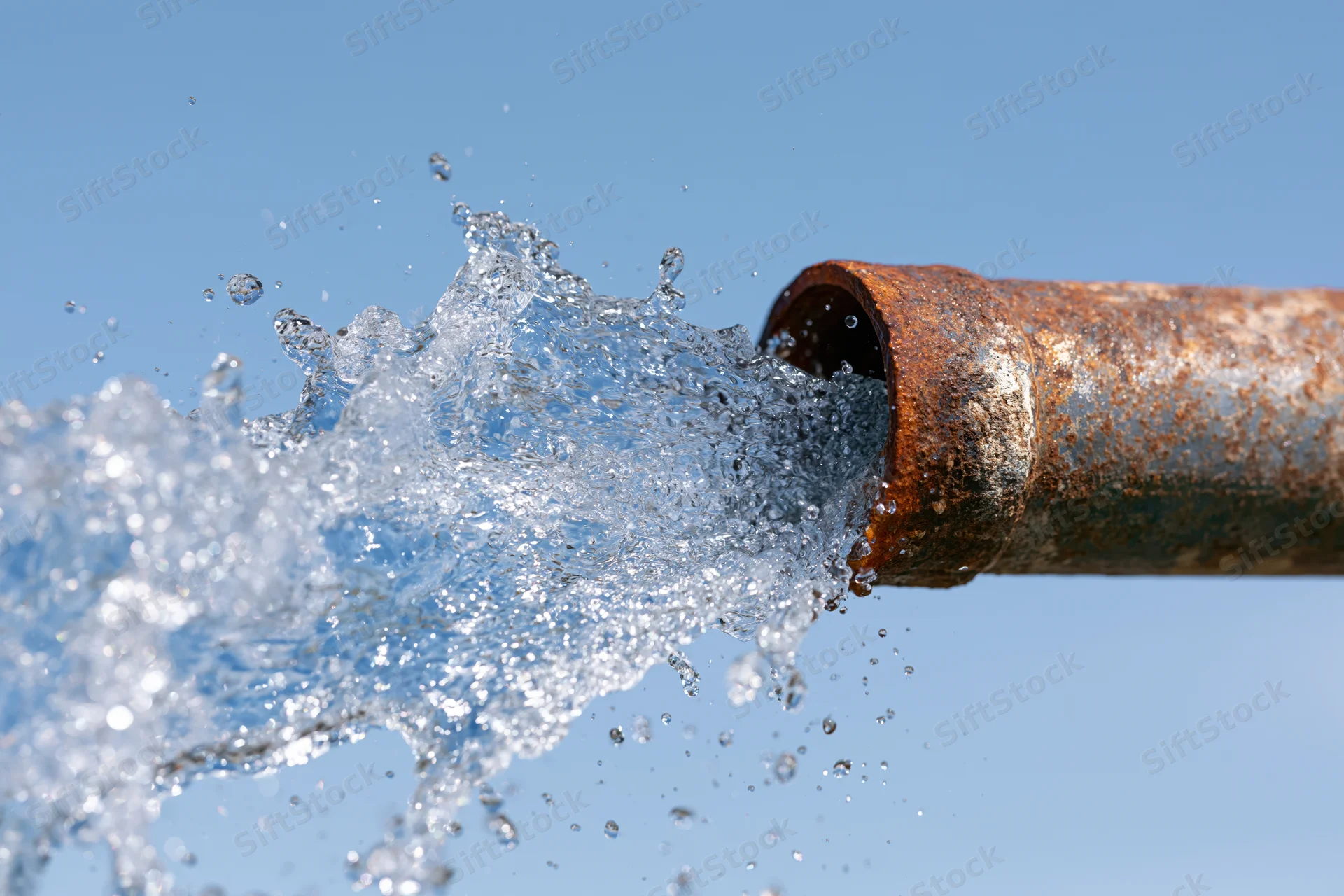 Rusty metal pipe bursting with high-pressure water spray against blue sky