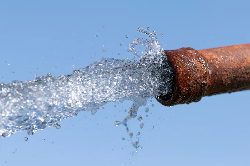 Rusty metal pipe bursting with high-pressure water spray against blue sky