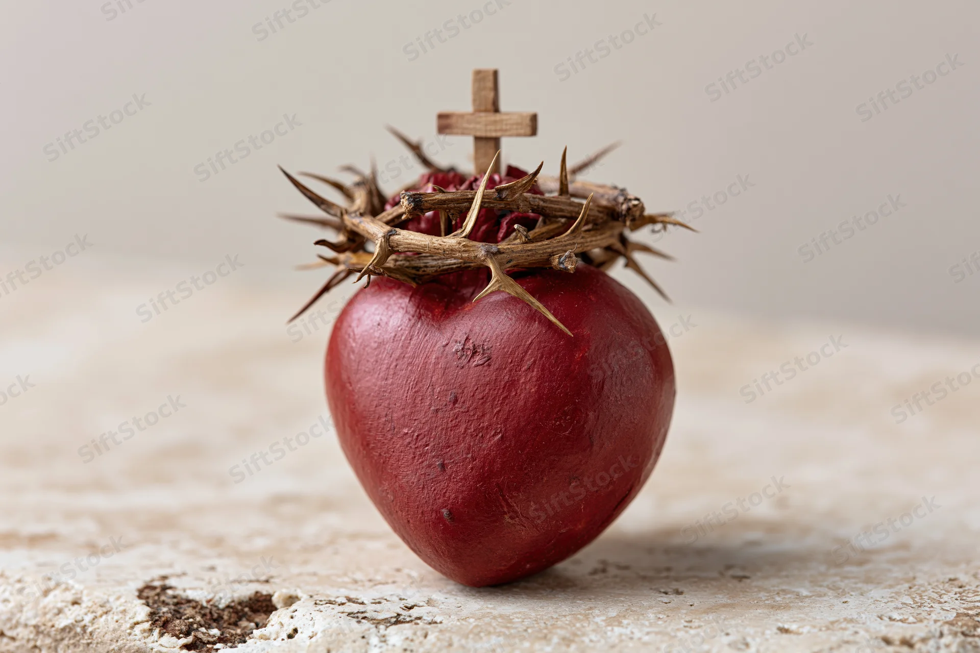 Red sculptural heart topped with crown of thorns and small wooden cross on stone surface