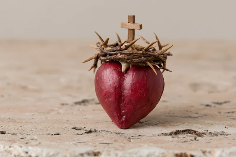 Red sculptural heart topped with crown of thorns and small wooden cross resting on stone surface