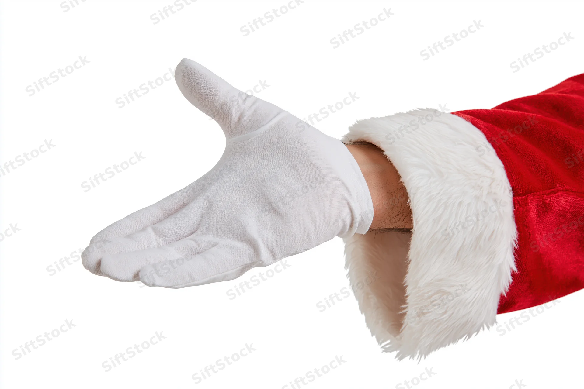 Santa's gloved hand extended palm up against white background