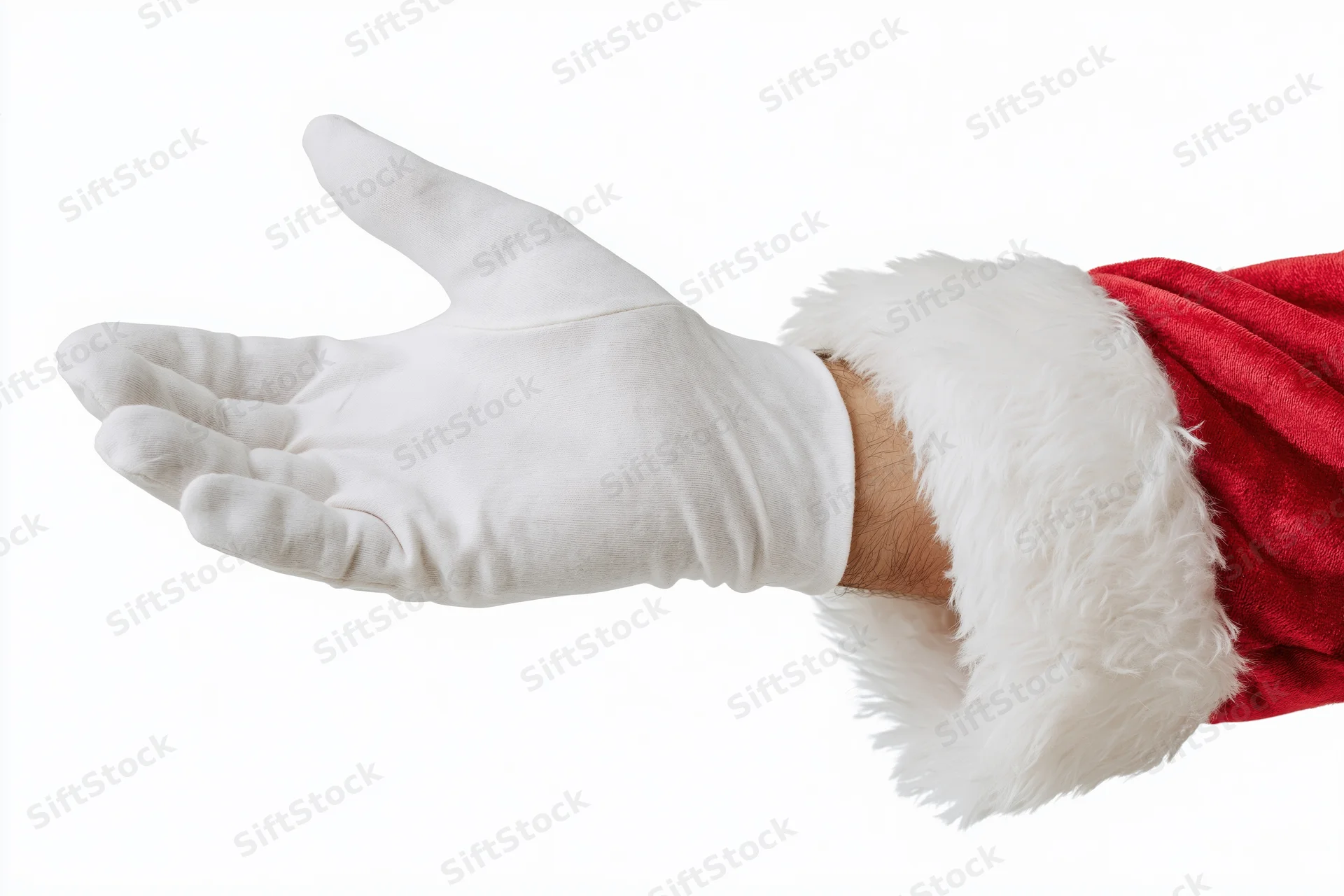 Santa's gloved hand extended palm up against white background