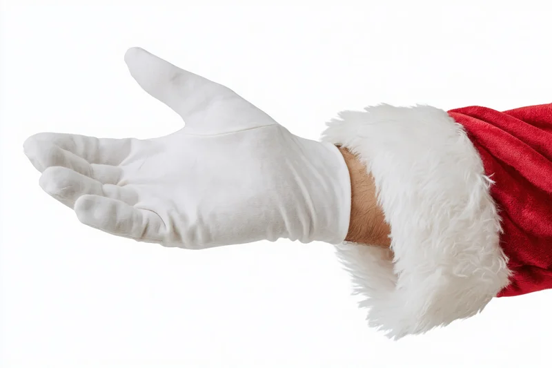 Santa's gloved hand extended palm up against white background