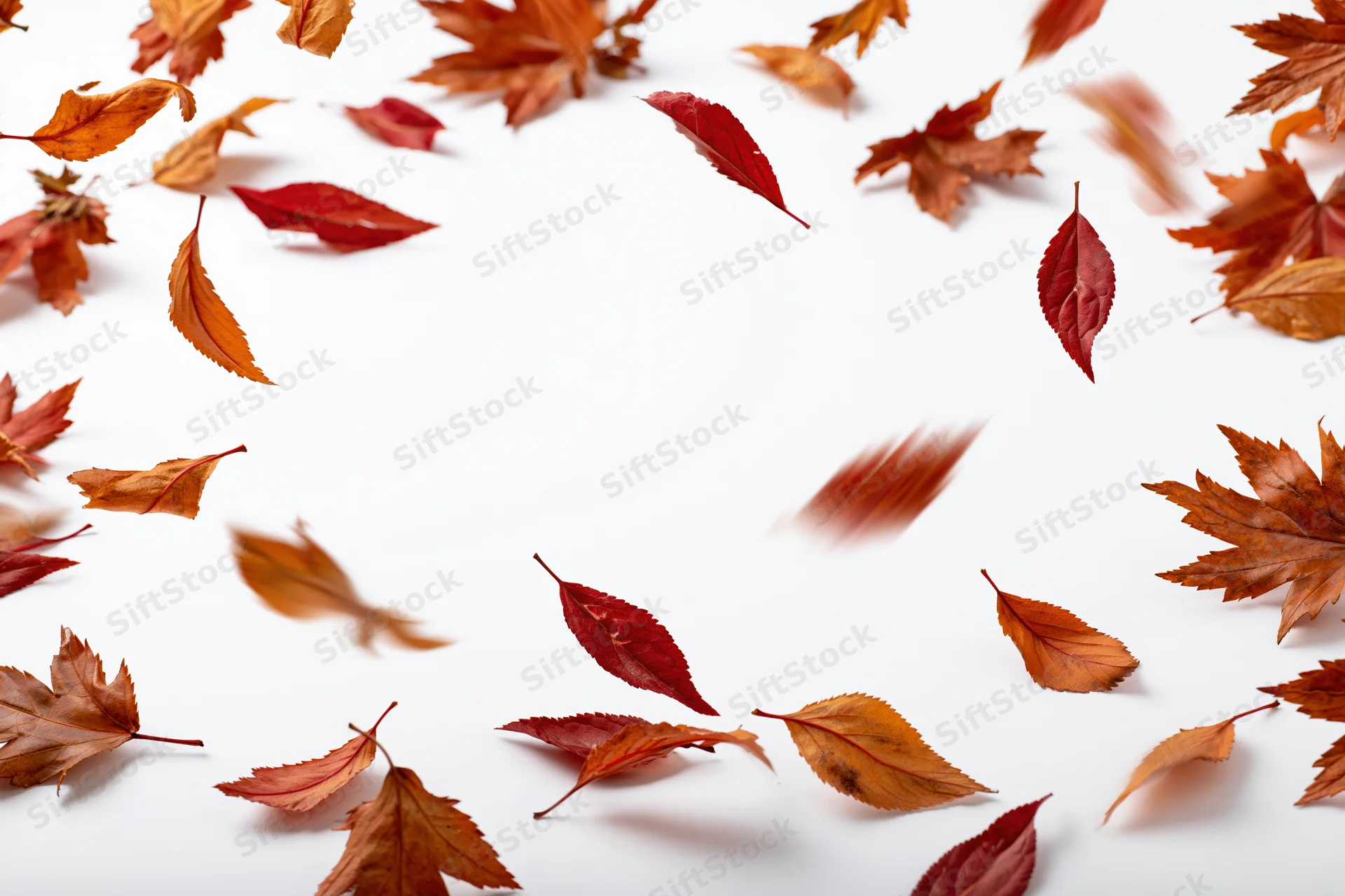 Scattered autumn leaves floating and falling on white background with copyspace