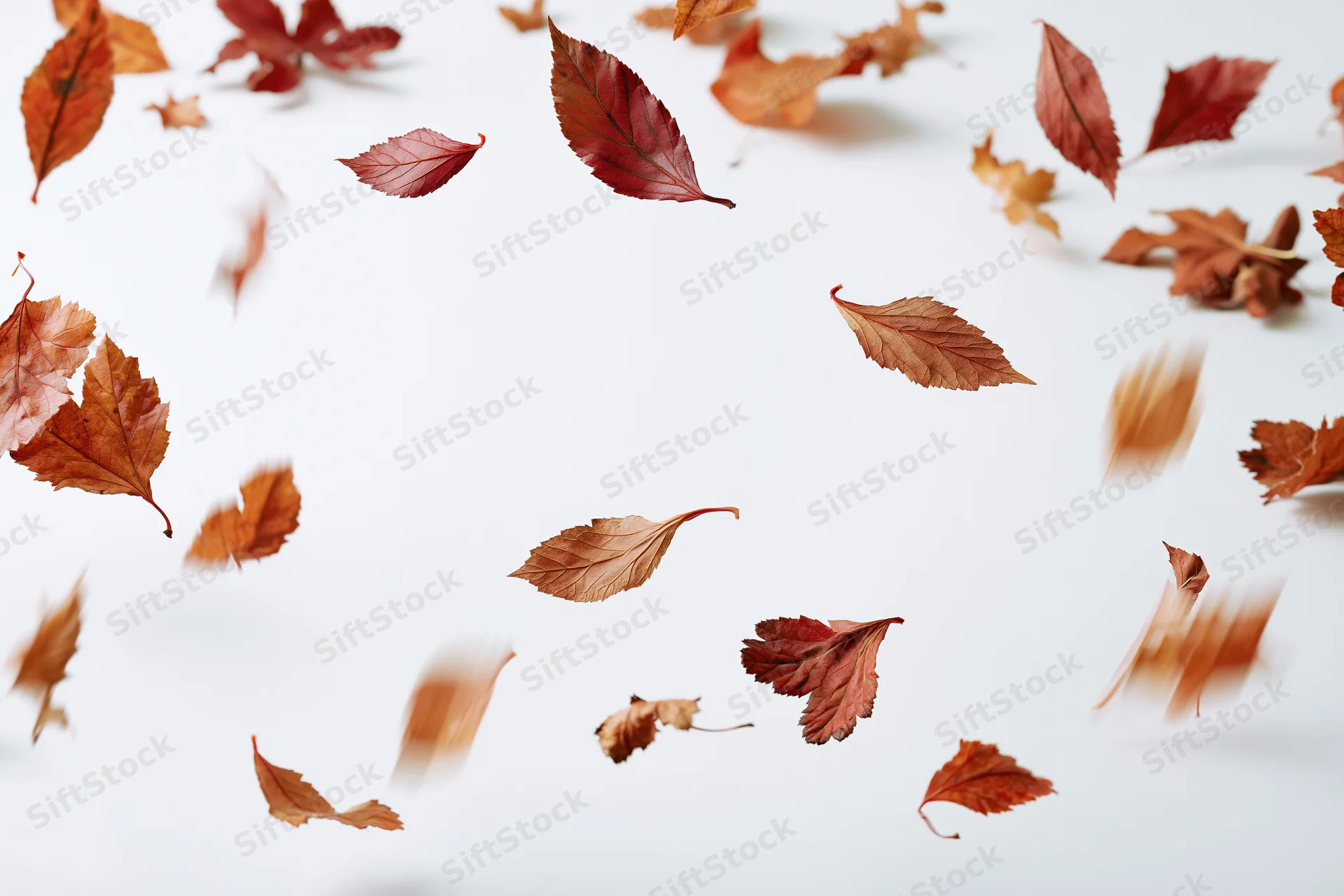 Autumn leaves floating and falling against a white background
