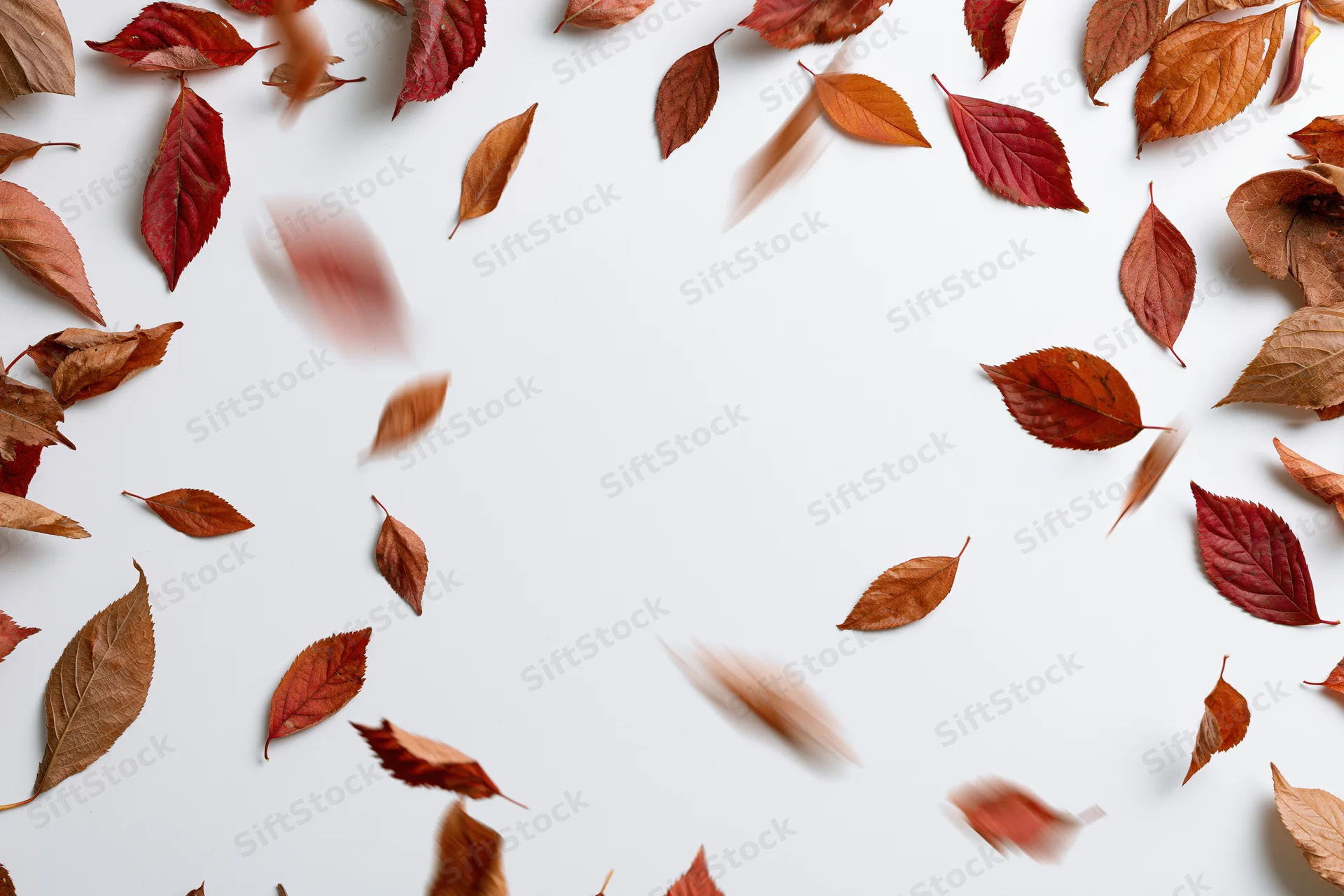 Autumn leaves scattered across white surface with motion blur and central copyspace