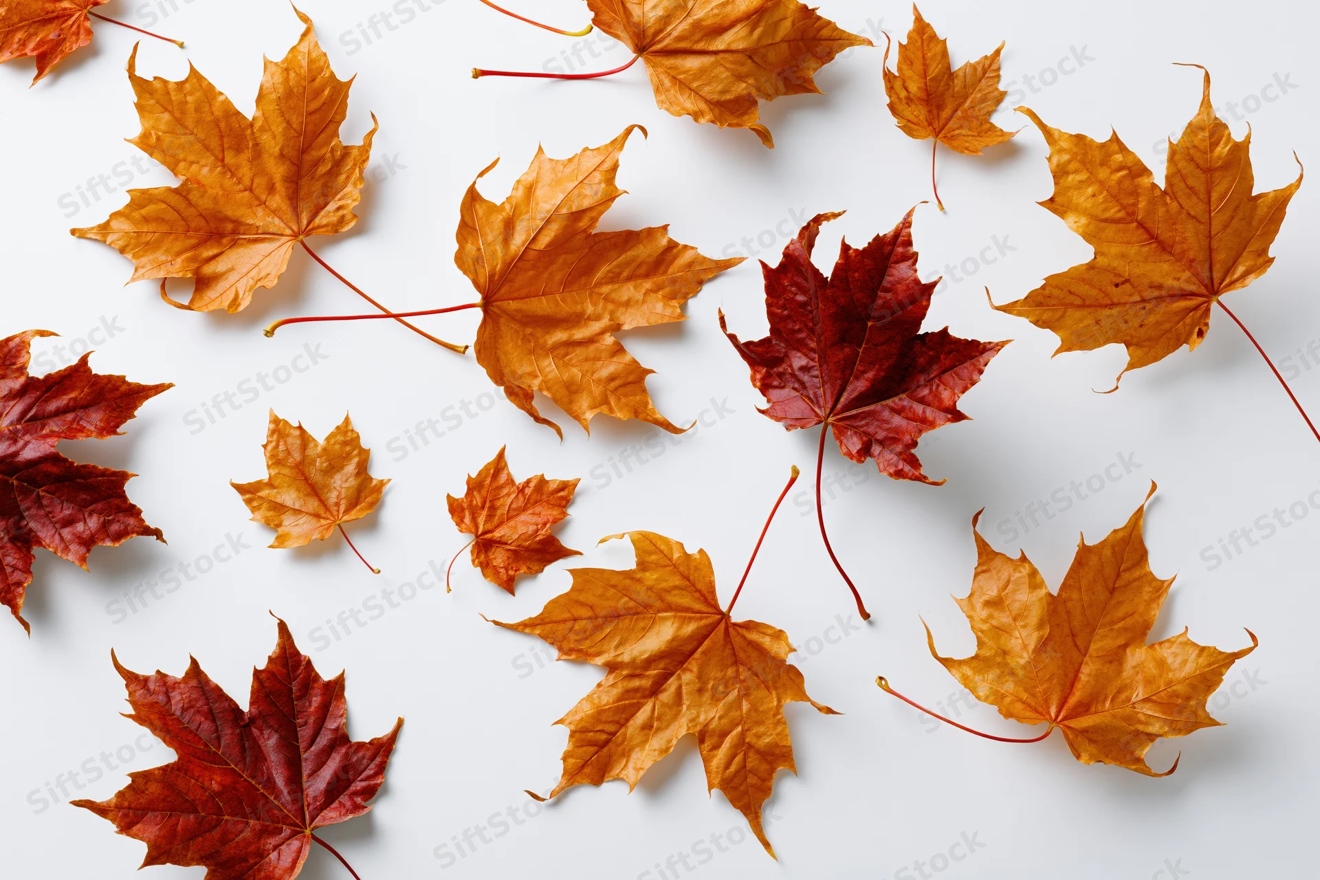 Scattered maple leaves in autumn colors floating against a white background