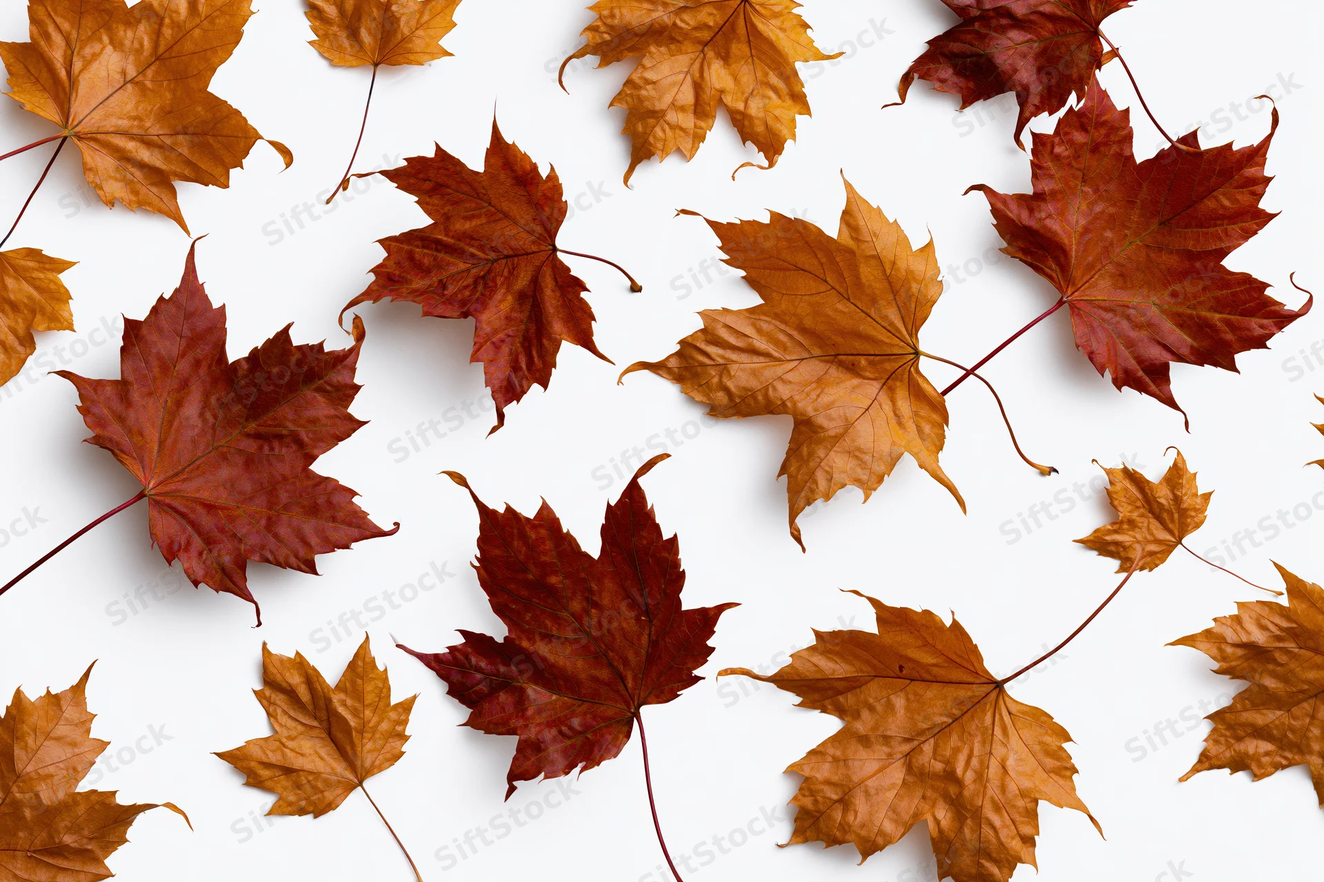 Scattered maple leaves in autumn colors on white background
