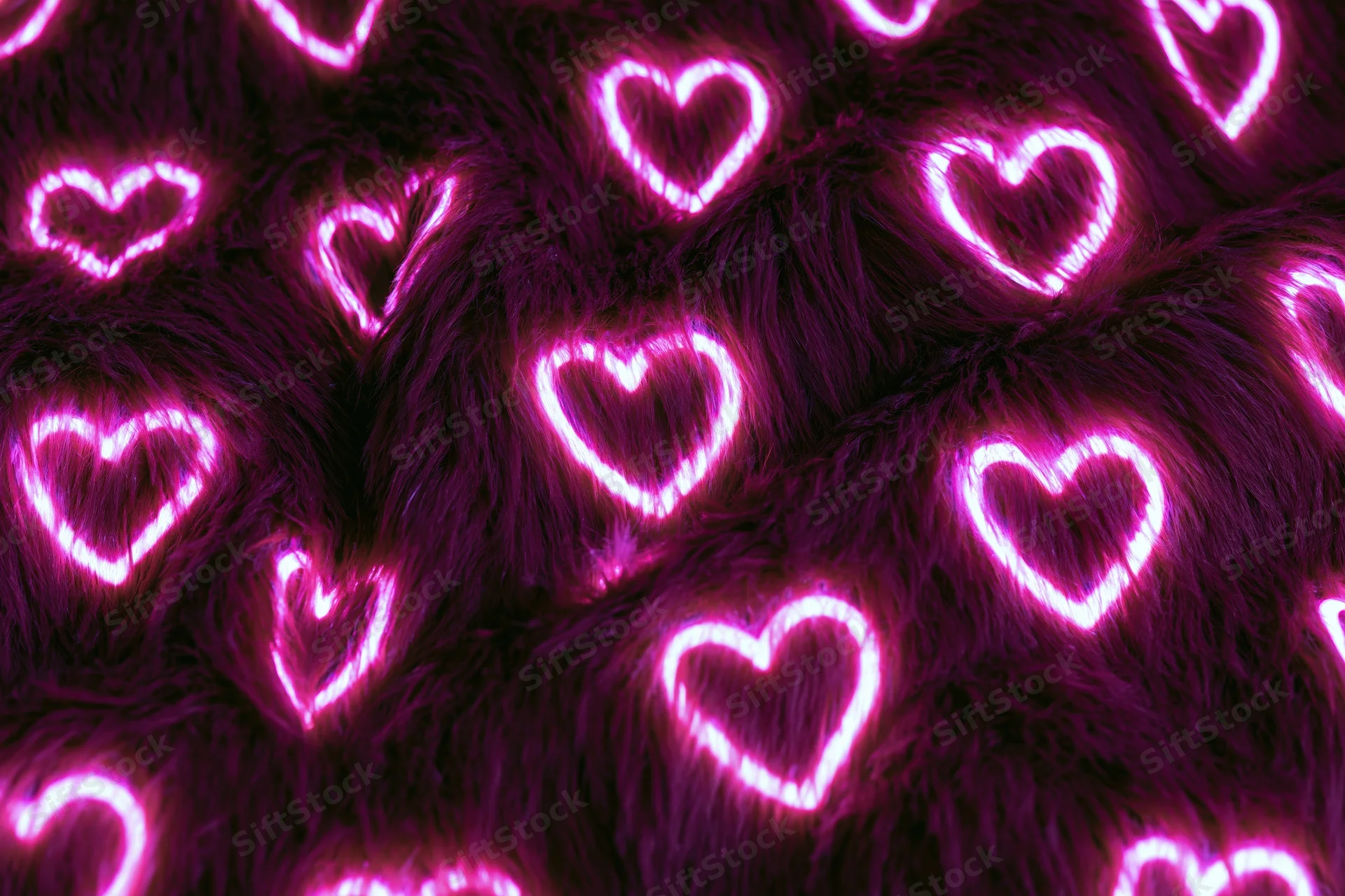 Glowing neon pink heart outlines scattered across a dark furry fabric surface