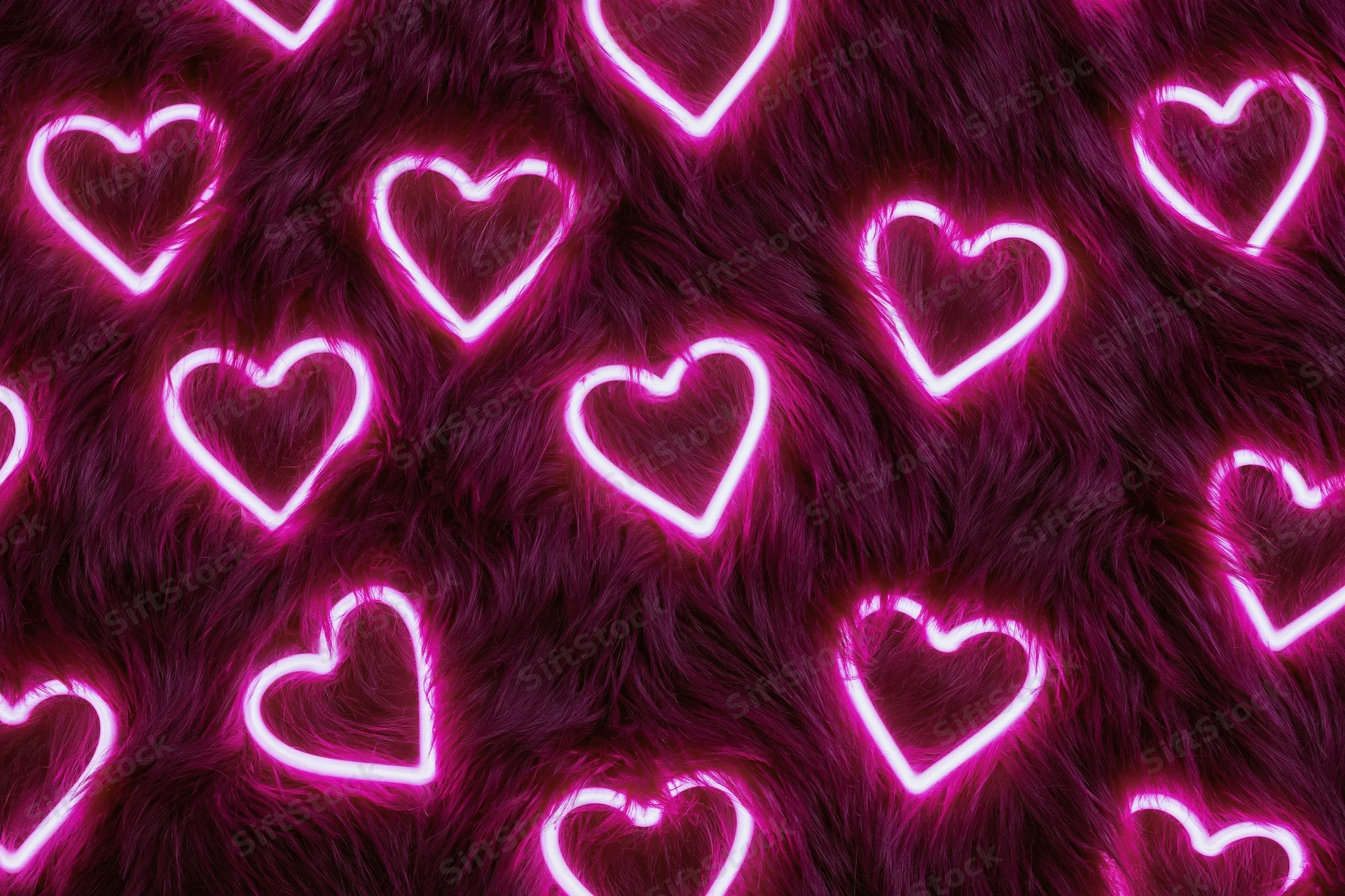 Glowing neon pink heart outlines scattered across a dark furry surface