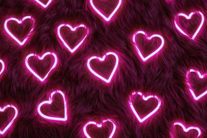 Glowing neon pink heart outlines scattered across a dark furry surface