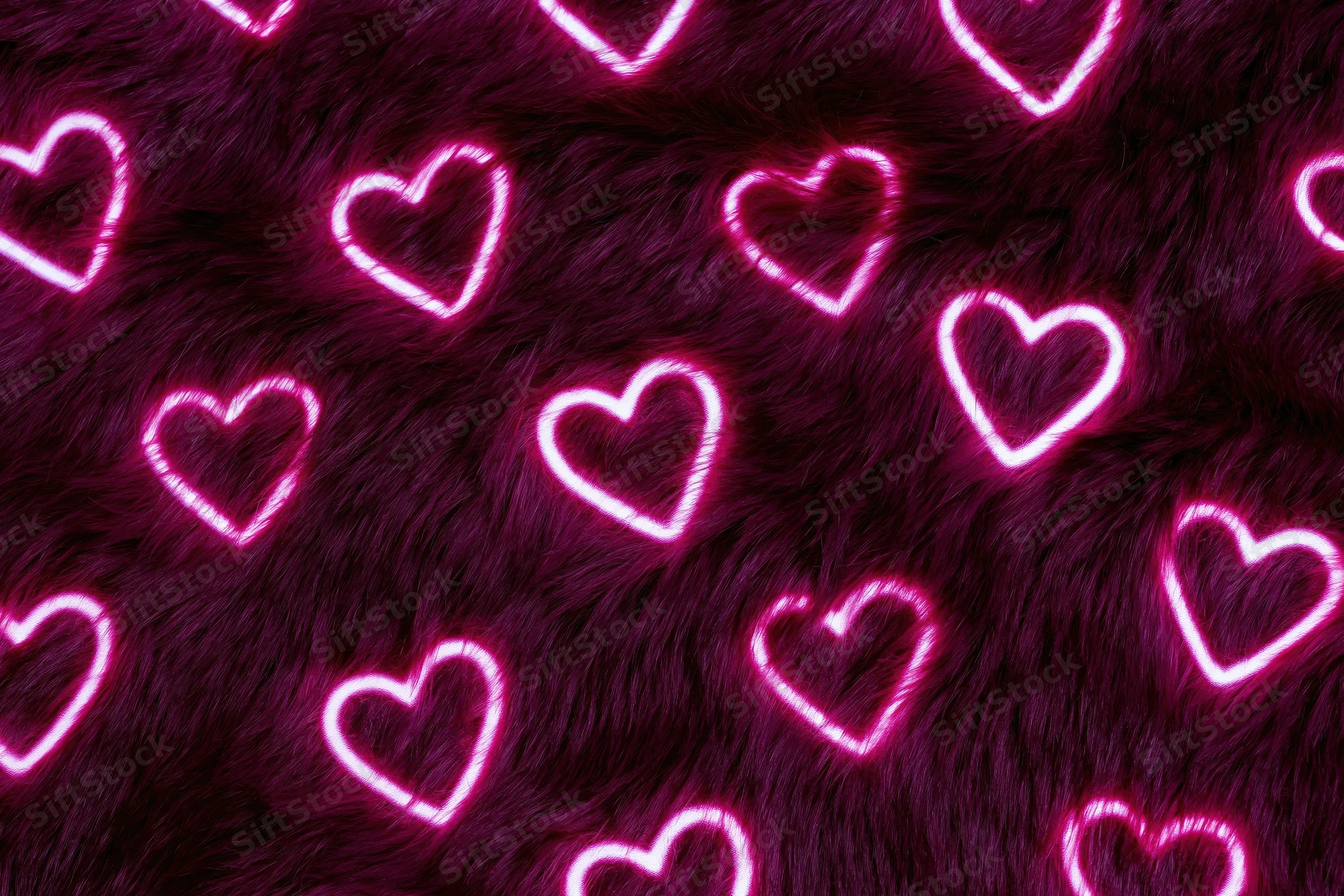 Glowing neon pink heart outlines scattered across a dark purple furry surface