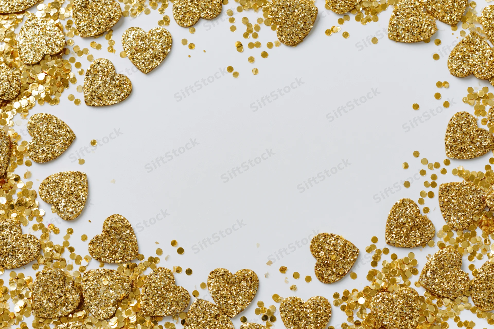 Gold glitter hearts and round confetti scattered in a frame on white surface with copyspace