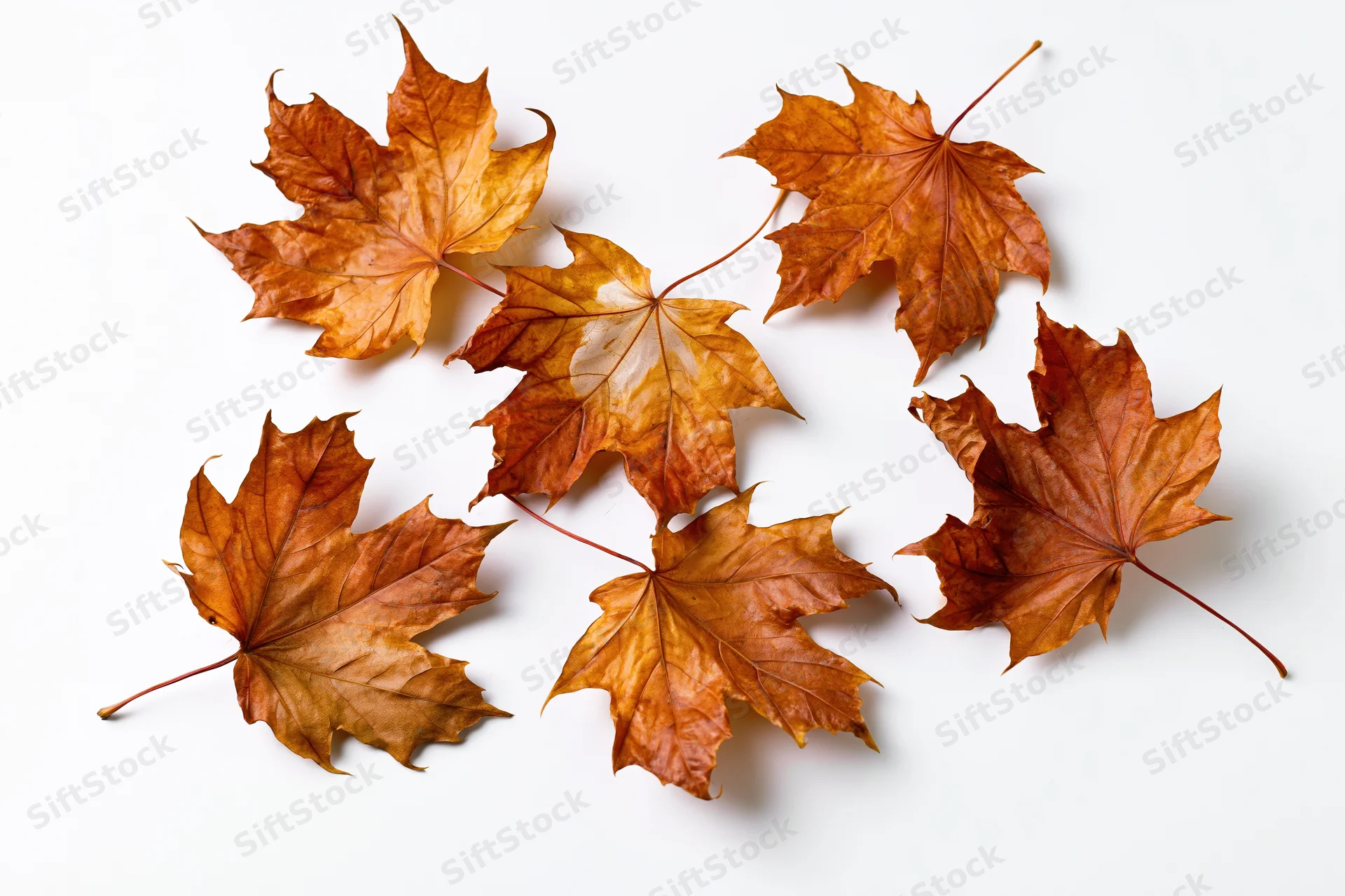 Dry maple leaves scattered on white background