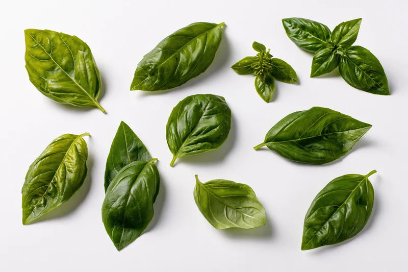 Fresh basil leaves and a small sprig arranged on a white surface in a flat lay composition