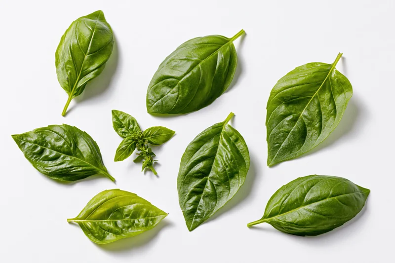 Fresh basil leaves and a small sprig arranged on a white surface in a flat lay composition