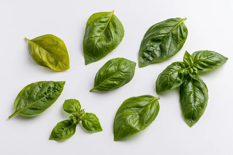 Fresh basil leaves and a small sprig arranged on a white surface in a flat lay composition