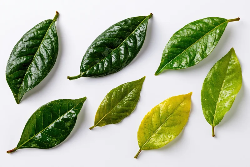 Seven green leaves of varying shades arranged in a scattered pattern on white background