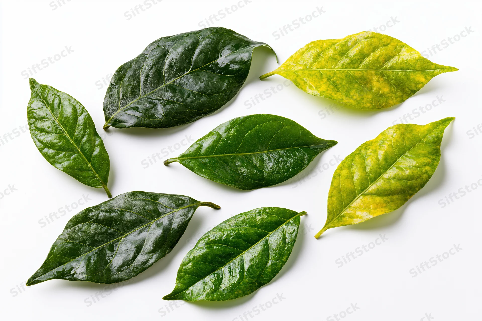 Seven green leaves of varying shades arranged in a scattered pattern on white background