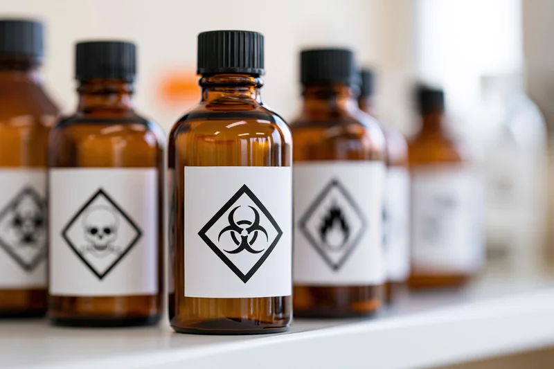 Amber glass reagent bottles with hazard labels lined up on a lab shelf