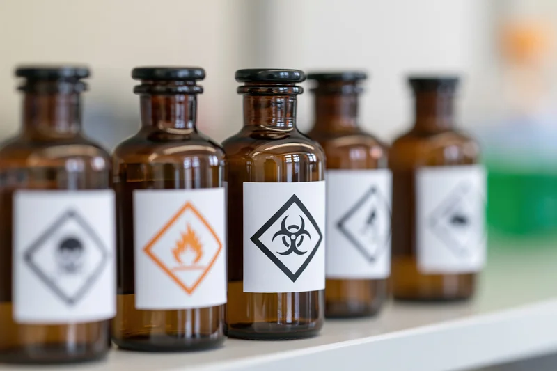 Amber glass reagent bottles with hazard warning labels lined up on a lab shelf