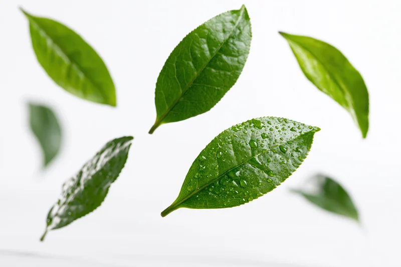 Fresh green tea leaves floating midair against white background