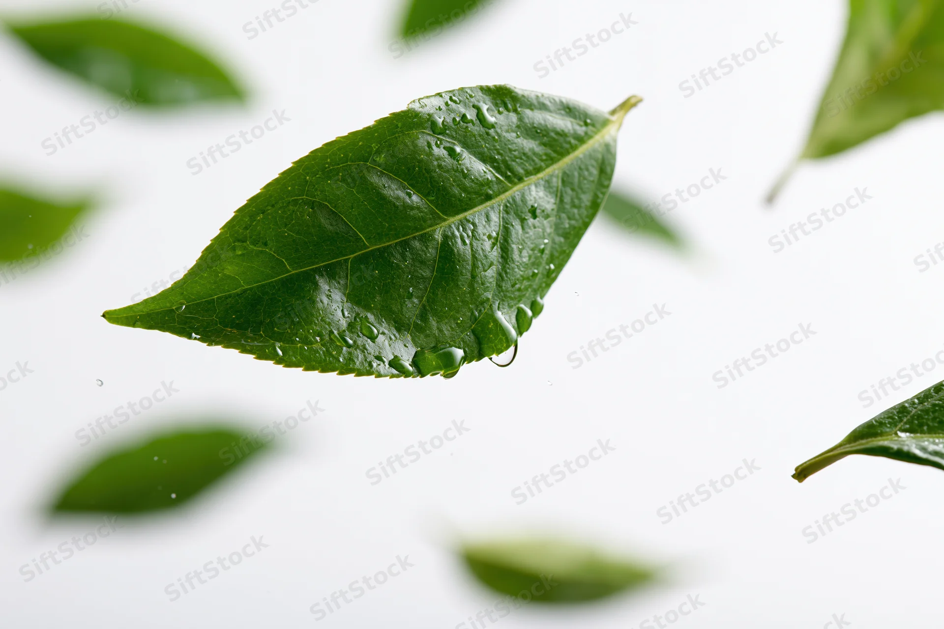 Fresh green tea leaf with water droplets suspended in mid-air against white background
