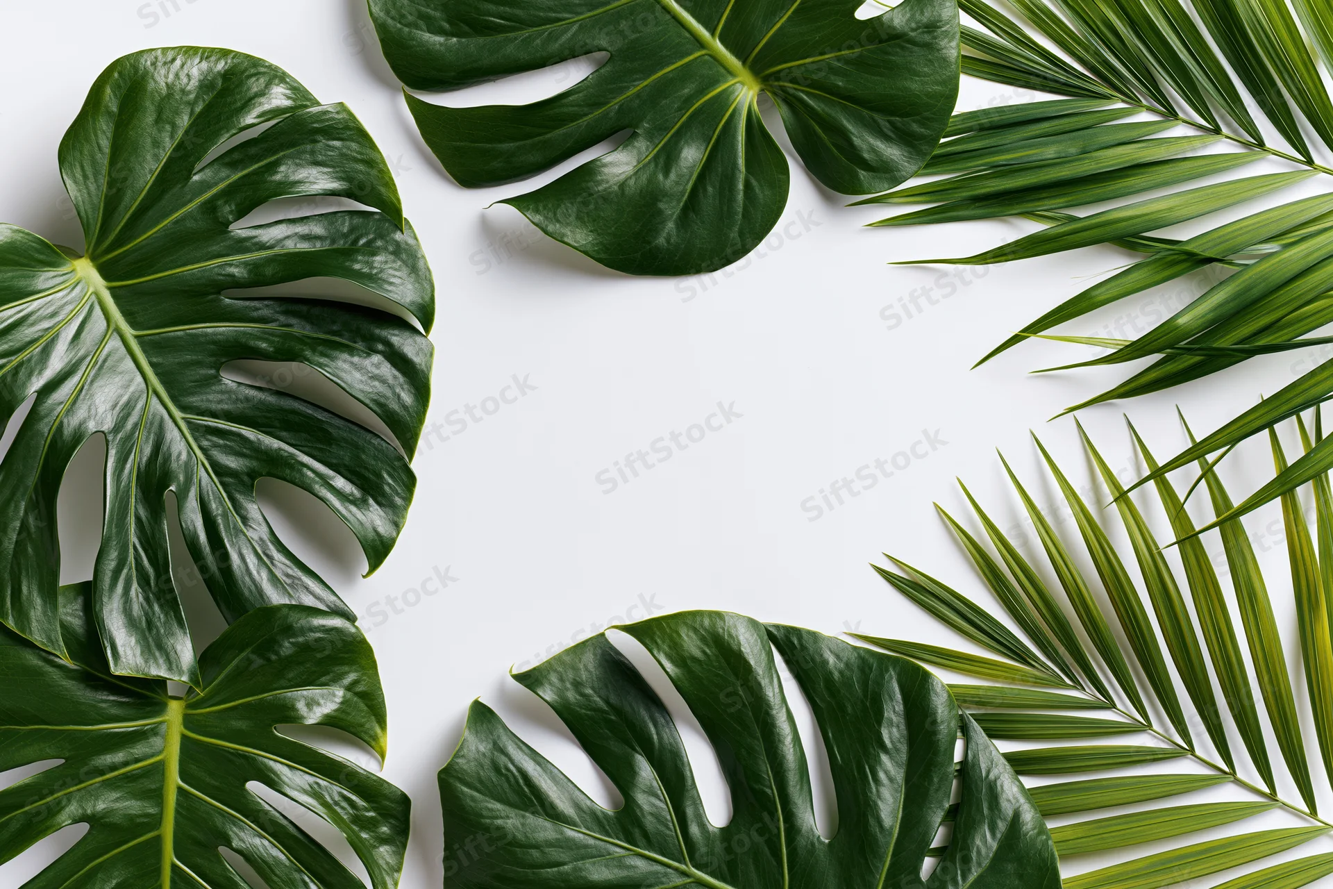 Monstera and palm leaves arranged in a frame on white background with copyspace