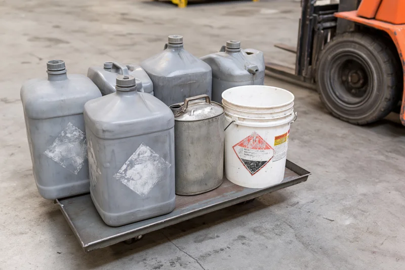 Gray industrial chemical containers and a white bucket with hazard labels on a metal tray in a warehouse setting near a forklift