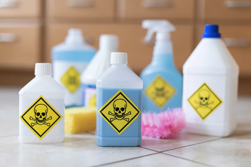 Several household cleaning product bottles with yellow skull-and-crossbones hazard labels on a kitchen tile floor