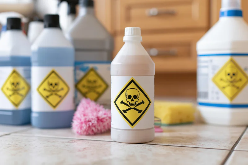 Several bottles of hazardous cleaning chemicals with skull warning labels on a kitchen countertop
