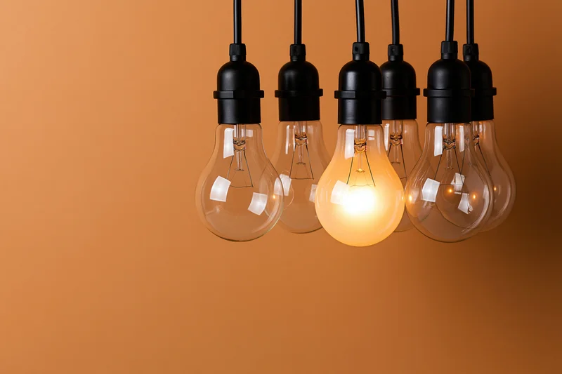 Several incandescent light bulbs hanging from black sockets against an orange background with one illuminated