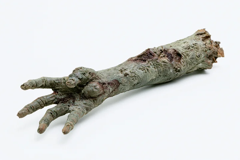 Severed zombie hand and forearm prop reaching forward on white background