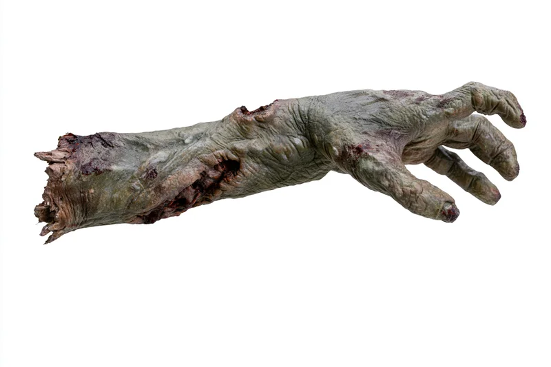 Severed zombie hand and forearm prop reaching forward isolated on white