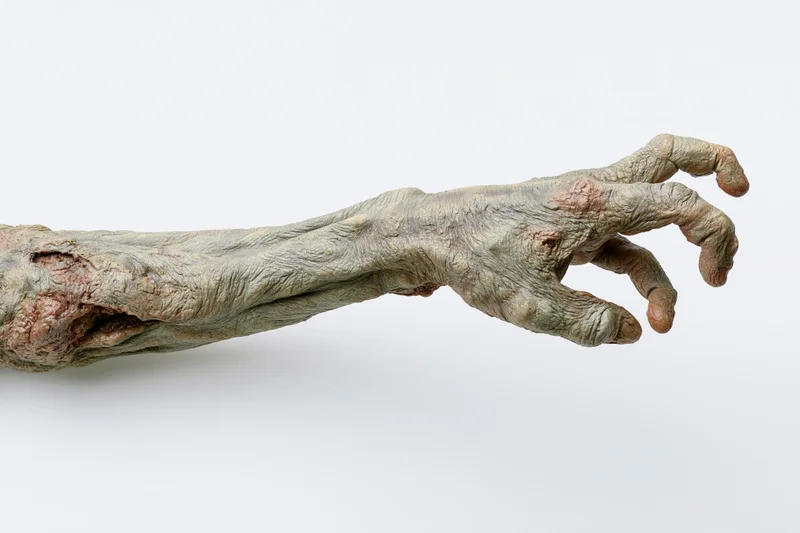 Zombie hand and forearm reaching forward with curled fingers against white background