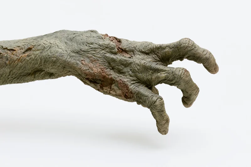 Zombie hand and forearm reaching forward with curled fingers on white background