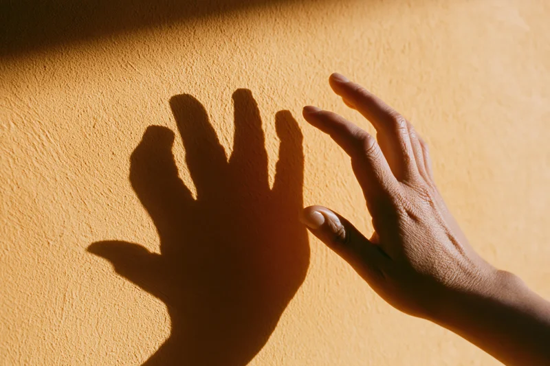 Hand reaching toward its shadow on a textured orange wall